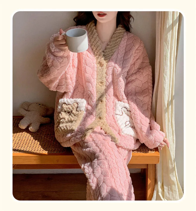 Pigiama in pile spesso da donna, set di vestiti invernali per la casa, design simpatico cartone animato, comodo e caldo, scollo a V, manica lunga
