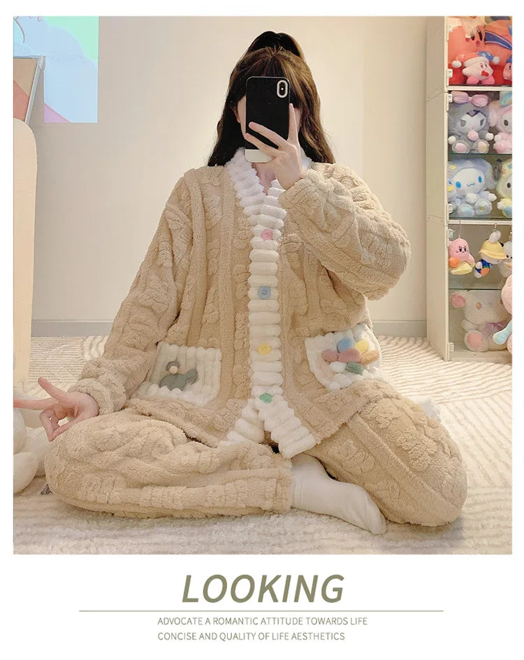 Cardigan lungo invernale da donna con motivo floreale ritagliato, comodo pigiama da casa, taglie forti, scollo a V, manica lunga