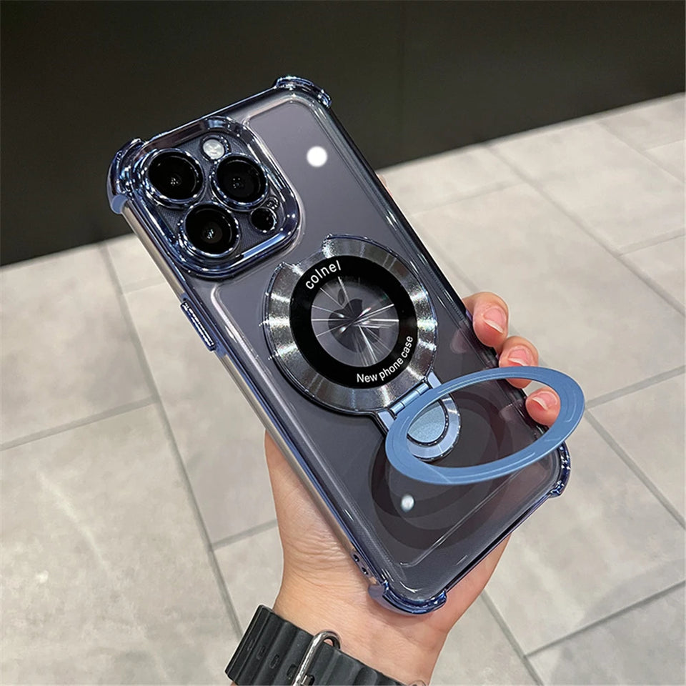 Supporto magnetico antiurto con placcatura di lusso per custodia trasparente Magsafe per iPhone 15 16 14 13 12 17 Pro Max con supporto e custodia