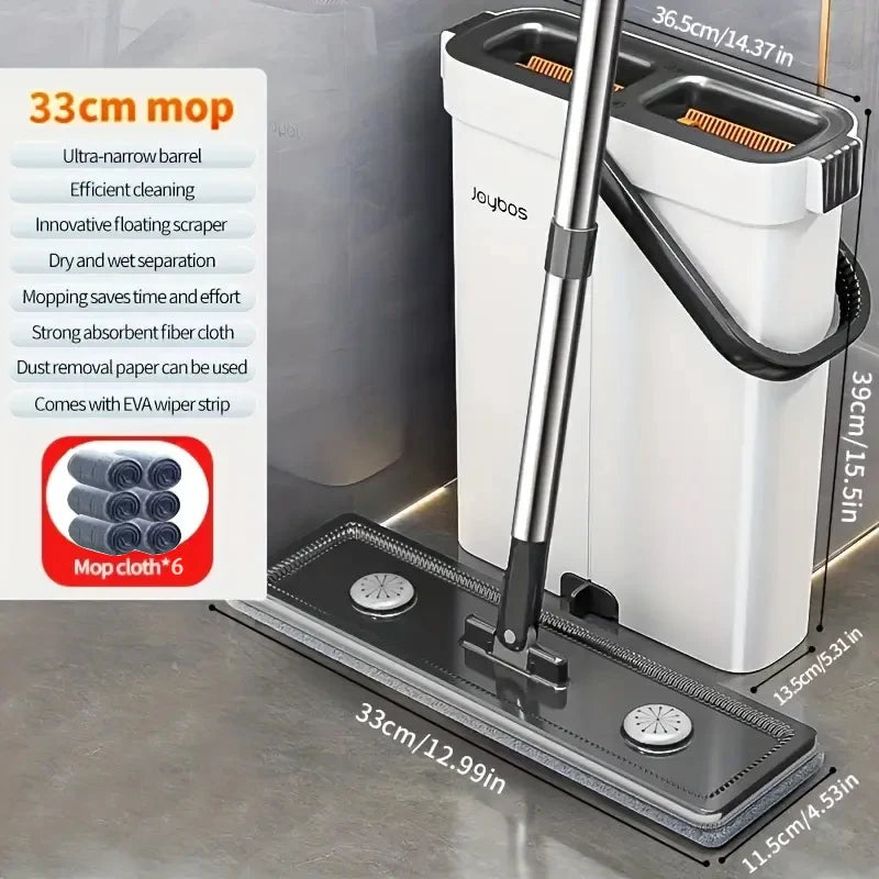 JOYBOS Spin Hand Free Flat Barrel 33cm Mop With Bucket 360 Complete Cleaning System With Dual Chamber Washable Floor House Mops