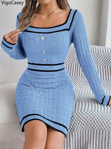 VigoCasey 2025 Abito in maglia aderente blu da donna, autunno inverno, casual, a maniche lunghe, con scollo quadrato, abiti in maglia casual da donna