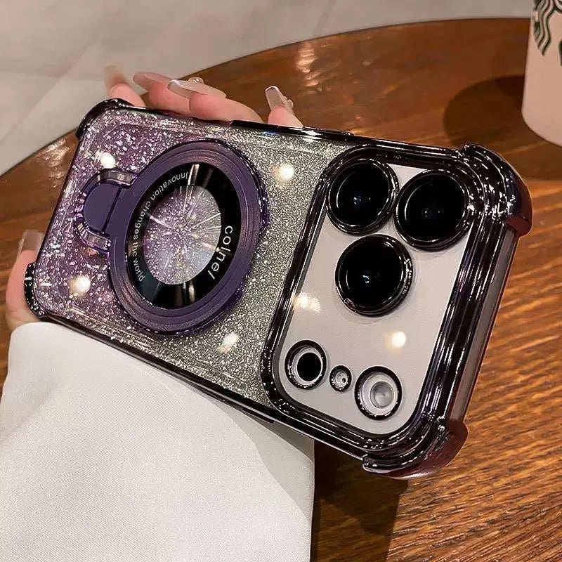Supporto ad anello glitterato per custodia Magsafe per iPhone 14 15 16 17 Pro Max Plus 13 12 11 Air, pellicola protettiva per fotocamera sfumata