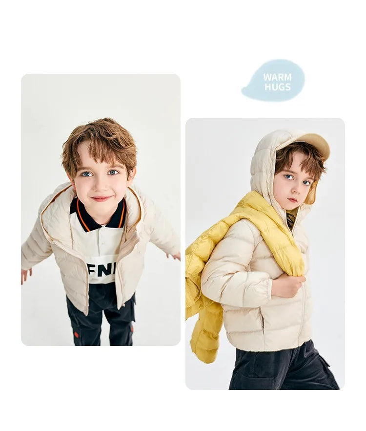 Fall and Winter Children's Light Paragraph down Jacket Children's Jacket New Boys and Girls Big Boy Hooded White Duck down Jacke