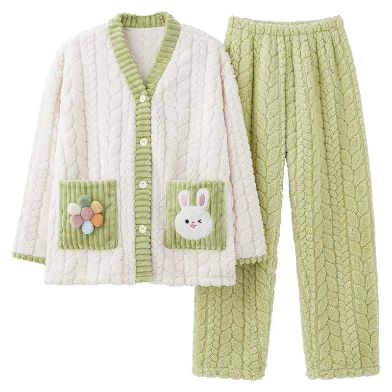 Pigiama in pile di corallo spesso, set di vestiti invernali da donna con motivo a coniglio, pantaloni in flanella calda a maniche lunghe e scollo a V