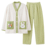 Pigiama in pile di corallo spesso, set di vestiti invernali da donna con motivo a coniglio, pantaloni in flanella calda a maniche lunghe e scollo a V