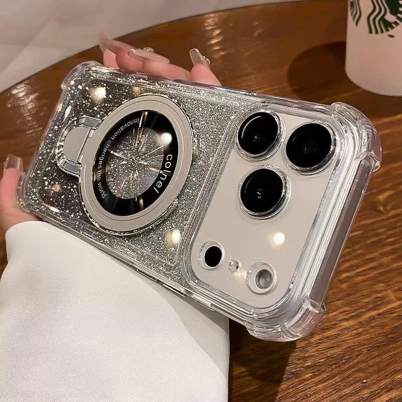 Supporto ad anello glitterato per custodia Magsafe per iPhone 14 15 16 17 Pro Max Plus 13 12 11 Air, pellicola protettiva per fotocamera sfumata