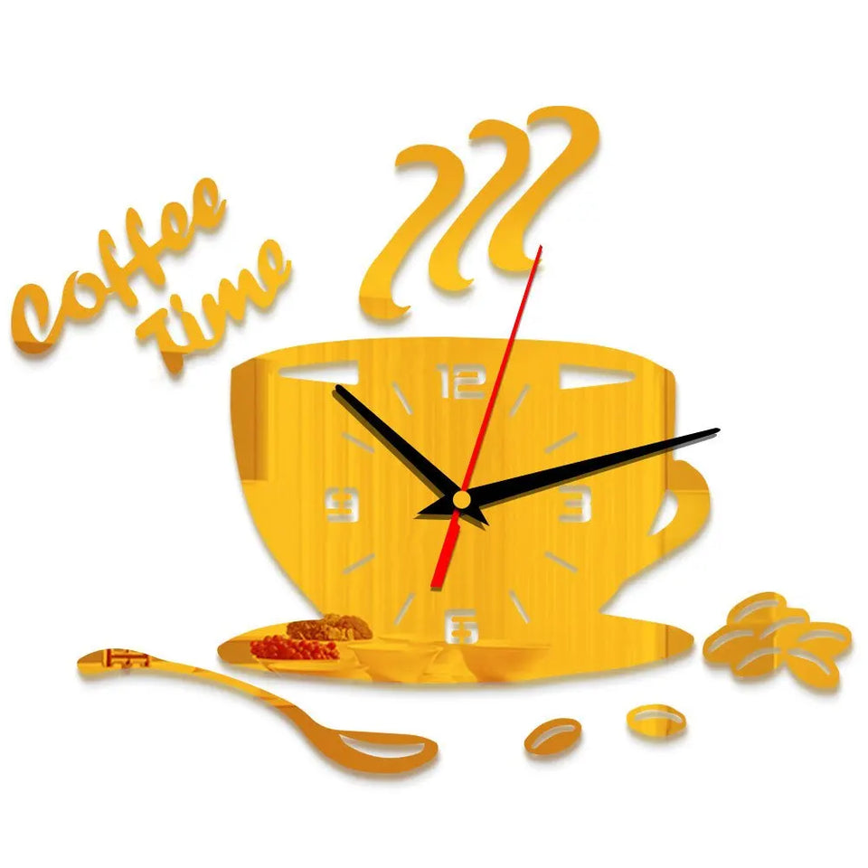 Coffee Cup Wall Stickers Creative Diy Acrylic Mirror Wall Clock Simple Home Decoration Mute Quartz Clock Without Battery