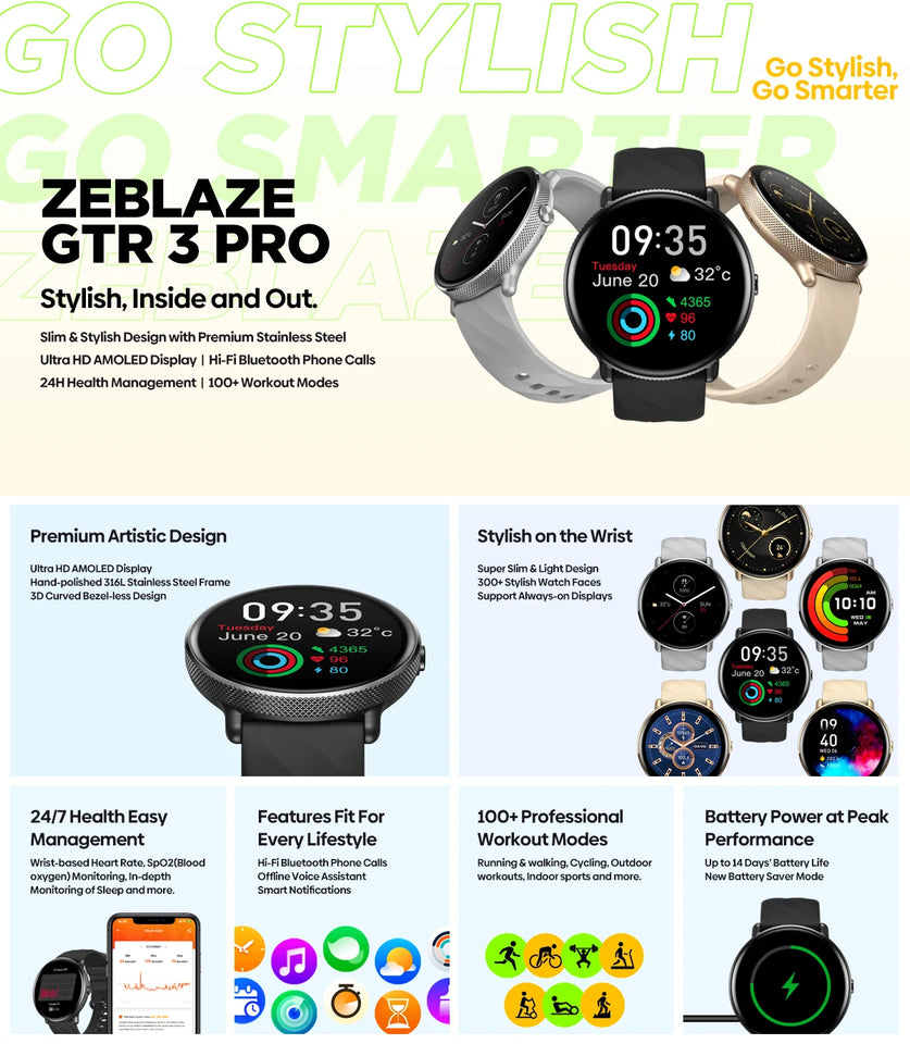 Zeblaze GTR 3 Pro Smartwatch con chiamata vocale, display AMOLED da 1,43", telaio in acciaio inossidabile 316L, smartwatch per il monitoraggio del fitness