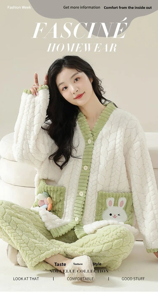 Pigiama in pile di corallo spesso, set di vestiti invernali da donna con motivo a coniglio, pantaloni in flanella calda a maniche lunghe e scollo a V