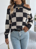 Women's Off-Shoulder Color-Blocked Plaid Lantern Sleeve Sweater