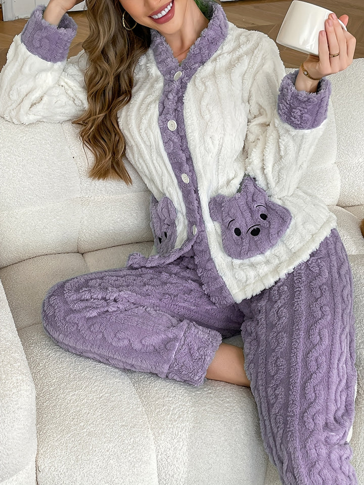 Pigiama autunno/inverno, manica lunga e gambe lunghe, orso ricamato con motivo a canguro, caldo, comodo, casual, in jacquard, per adolescenti