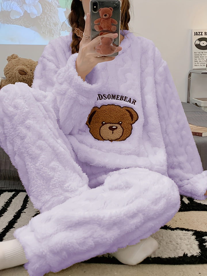 Nuovo pigiama caldo e spesso autunno/inverno, top a maniche lunghe in jacquard con motivo a orso e pantaloni in flanella