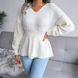 Women's Lantern Sleeve Waist-Defined Hem Ruffle Knitted Sweater