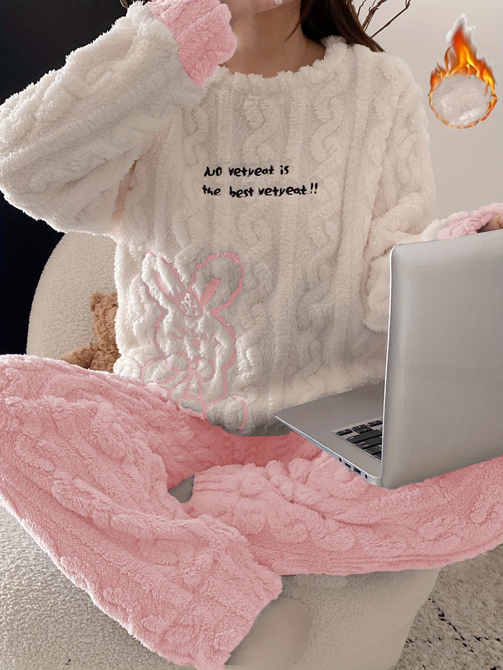 Pigiama invernale in caldo pile da donna, completo casual da casa con grazioso motivo a coniglio