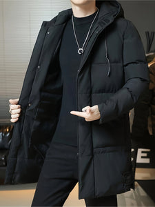 Men's Long Hooded Jacket - Warm, Thick Polyester with Large Pockets, Zip-Up Winter Coat for Casual Outfits, Black, Winter Outerwear | Spacious Pocket Design | Durable Winter Wear, Winter Clothes