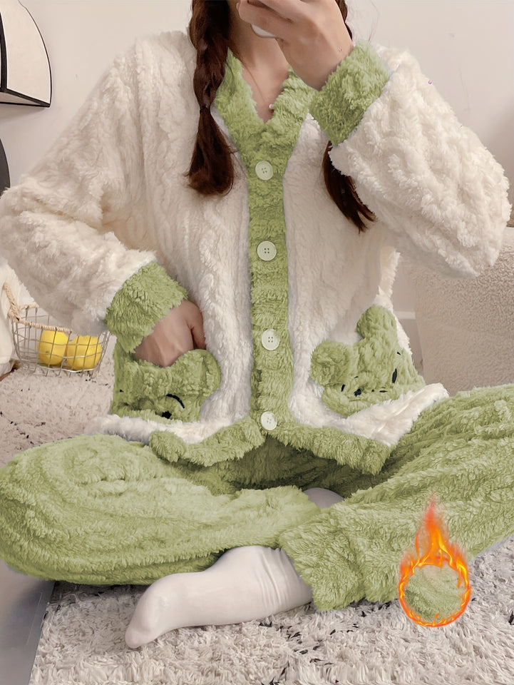 Women'S Cozy Fleece Pajama Set with Bear Embroidery - Long Sleeve, Loose Fit, V-Neck, Button-Up Front, Pockets, Soft & Warm for Fall/Winter, Casual Home Wear, Winter Pajamas | Relaxed Fit Pajamas | Construction, Pajamas for W