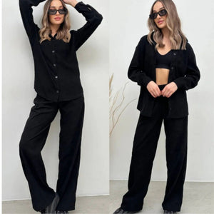 Casual Long-sleeve Top And Elastic-waist Pants Two-piece Set