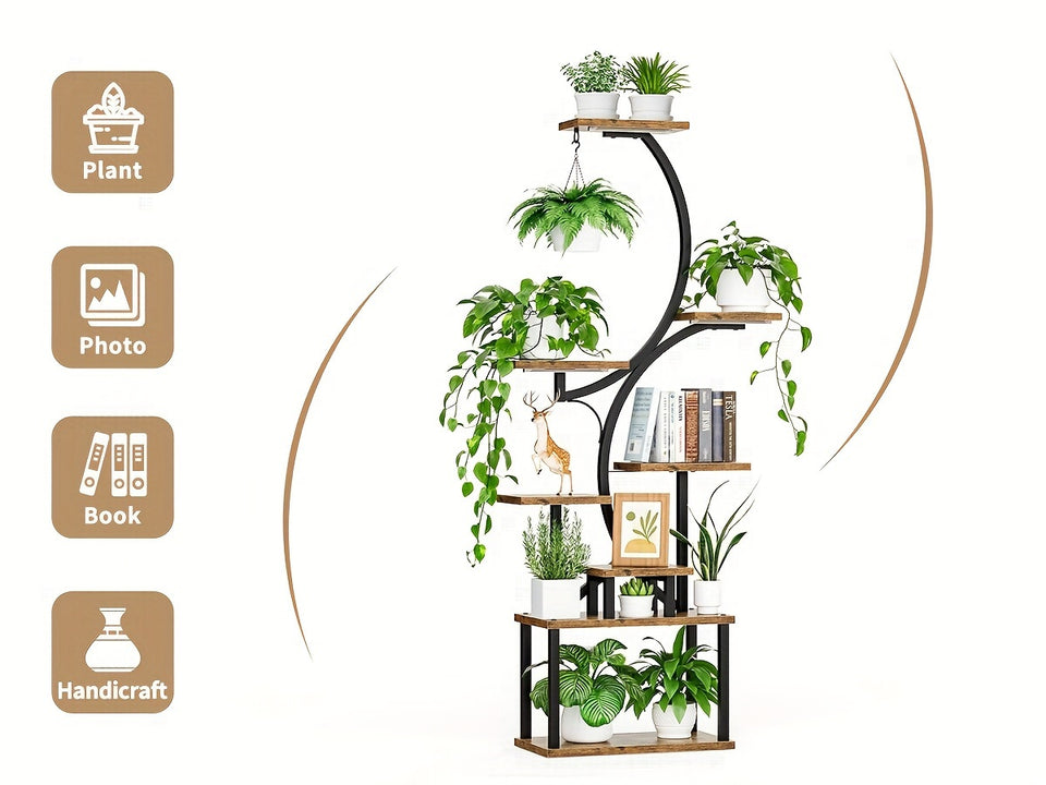 Plant Stand Indoor with Grow Lights, Multi-functional Metal Display Stand, 157cm High & 8 Storey Indoor Shelf for Multiple Plants, Curved Shape Plant Stand, Suitable for Living Room, Courtyard, Balcony, Corner (Without Adapte
