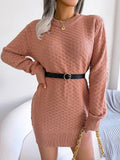 Women's Solid Color Plaid Long Sleeve Knitted Slip Dress