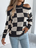 Women's Off-Shoulder Color-Blocked Plaid Lantern Sleeve Sweater