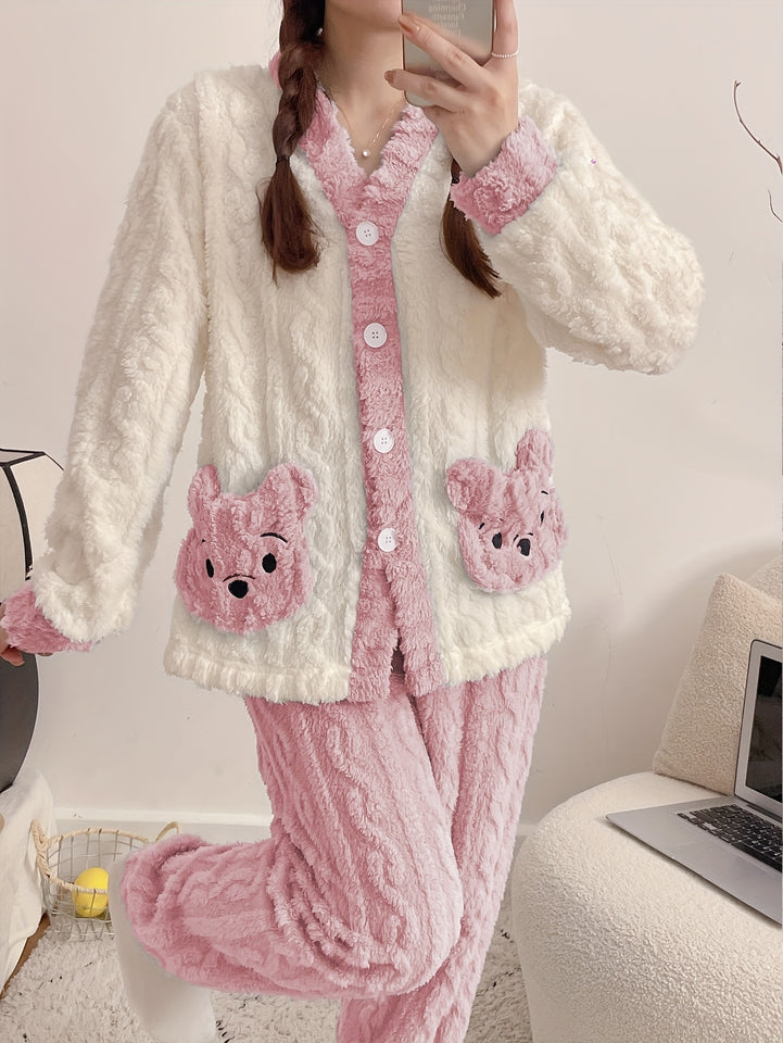Women'S Cozy Fleece Pajama Set with Bear Embroidery - Long Sleeve, Loose Fit, V-Neck, Button-Up Front, Pockets, Soft & Warm for Fall/Winter, Casual Home Wear, Winter Pajamas | Relaxed Fit Pajamas | Construction, Pajamas for W