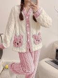 Women'S Cozy Fleece Pajama Set with Bear Embroidery - Long Sleeve, Loose Fit, V-Neck, Button-Up Front, Pockets, Soft & Warm for Fall/Winter, Casual Home Wear, Winter Pajamas | Relaxed Fit Pajamas | Construction, Pajamas for W