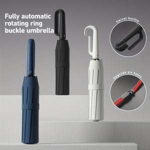 Ombrello con fibbia ad anello rotante automatico a 5 colori, adatto allo zaino, antivento, ombrellone pieghevole a 10 stecche, impugnatura in gomma, design minimalista, adatto per viaggi all'aperto, regalo ideale per la festa del papà, Halloween, Natale