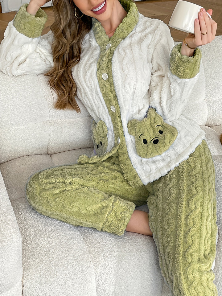 Pigiama autunno/inverno, manica lunga e gambe lunghe, orso ricamato con motivo a canguro, caldo, comodo, casual, in jacquard, per adolescenti