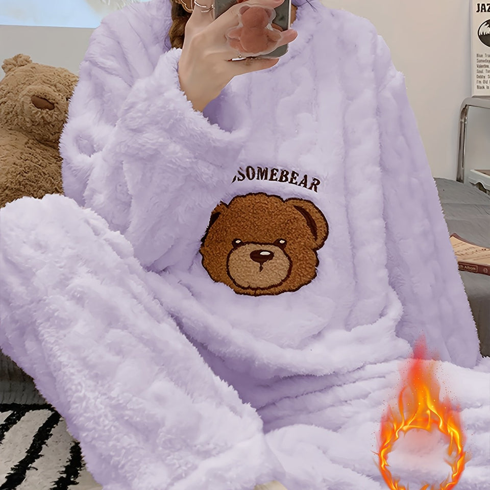 Nuovo pigiama caldo e spesso autunno/inverno, top a maniche lunghe in jacquard con motivo a orso e pantaloni in flanella