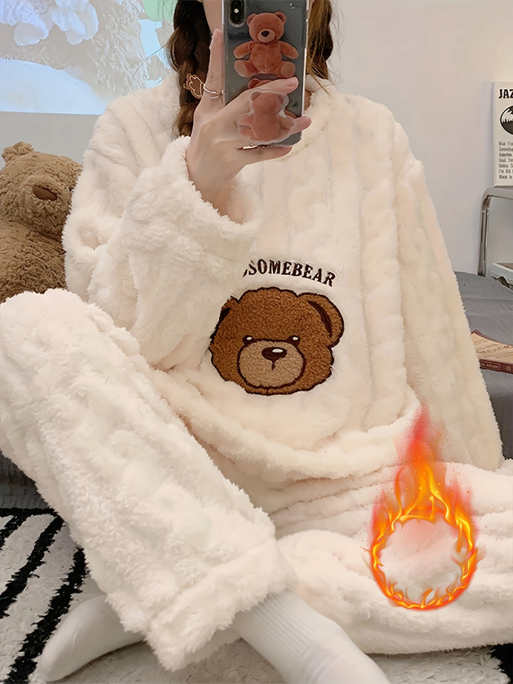 Nuovo pigiama caldo e spesso autunno/inverno, top a maniche lunghe in jacquard con motivo a orso e pantaloni in flanella