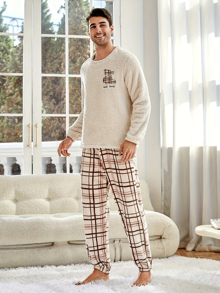 [UOMO/DONNA] Completo da notte in peluche autunno-inverno per coppie, con motivo a quadri, manica lunga e pantaloni, per uomo o donna, con ricamo casuale di un orso sulla parte superiore