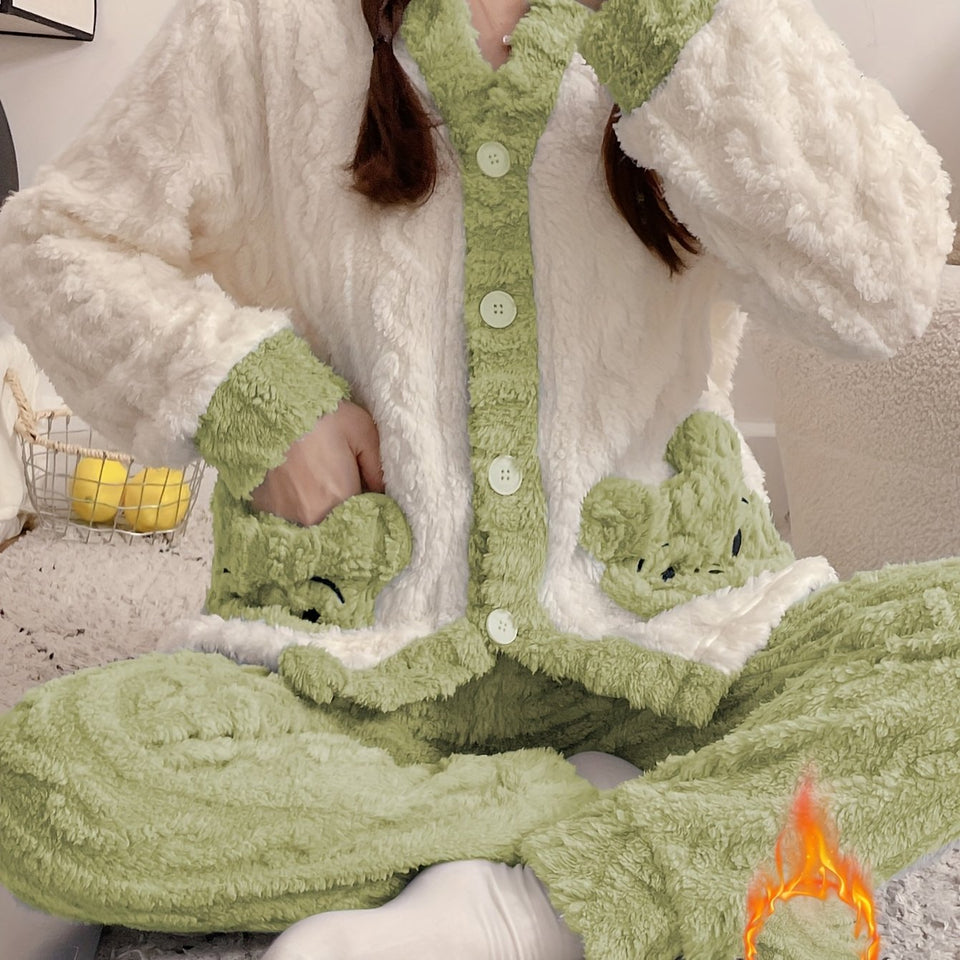 Women'S Cozy Fleece Pajama Set with Bear Embroidery - Long Sleeve, Loose Fit, V-Neck, Button-Up Front, Pockets, Soft & Warm for Fall/Winter, Casual Home Wear, Winter Pajamas | Relaxed Fit Pajamas | Construction, Pajamas for W