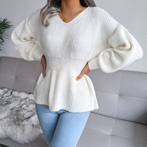 Women's Lantern Sleeve Waist-Defined Hem Ruffle Knitted Sweater