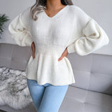 Women's Lantern Sleeve Waist-Defined Hem Ruffle Knitted Sweater
