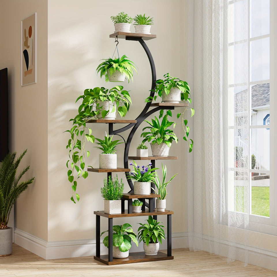 Plant Stand Indoor with Grow Lights, Multi-functional Metal Display Stand, 157cm High & 8 Storey Indoor Shelf for Multiple Plants, Curved Shape Plant Stand, Suitable for Living Room, Courtyard, Balcony, Corner (Without Adapte