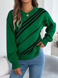 Maglione casual da donna a righe con scollo rotondo e maniche a lanterna, a maniche lunghe 