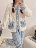 Women'S Cozy Fleece Pajama Set with Bear Embroidery - Long Sleeve, Loose Fit, V-Neck, Button-Up Front, Pockets, Soft & Warm for Fall/Winter, Casual Home Wear, Winter Pajamas | Relaxed Fit Pajamas | Construction, Pajamas for W