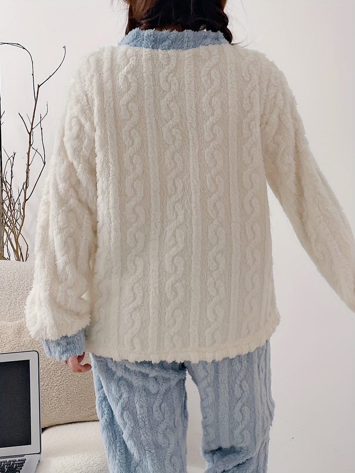 Women'S Cozy Fleece Pajama Set with Bear Embroidery - Long Sleeve, Loose Fit, V-Neck, Button-Up Front, Pockets, Soft & Warm for Fall/Winter, Casual Home Wear, Winter Pajamas | Relaxed Fit Pajamas | Construction, Pajamas for W