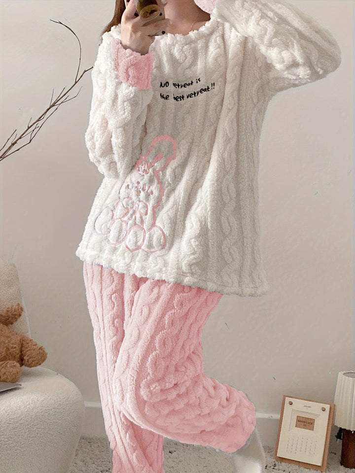 Pigiama invernale in caldo pile da donna, completo casual da casa con grazioso motivo a coniglio