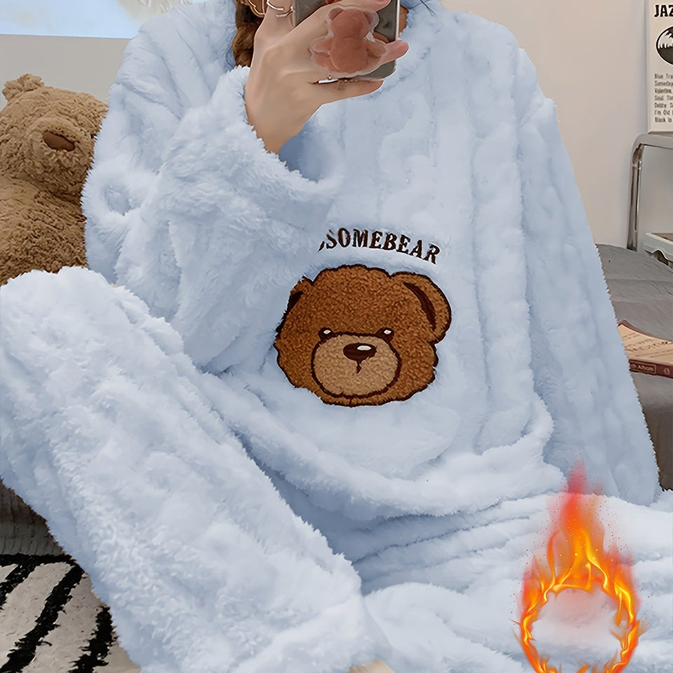 Nuovo pigiama caldo e spesso autunno/inverno, top a maniche lunghe in jacquard con motivo a orso e pantaloni in flanella
