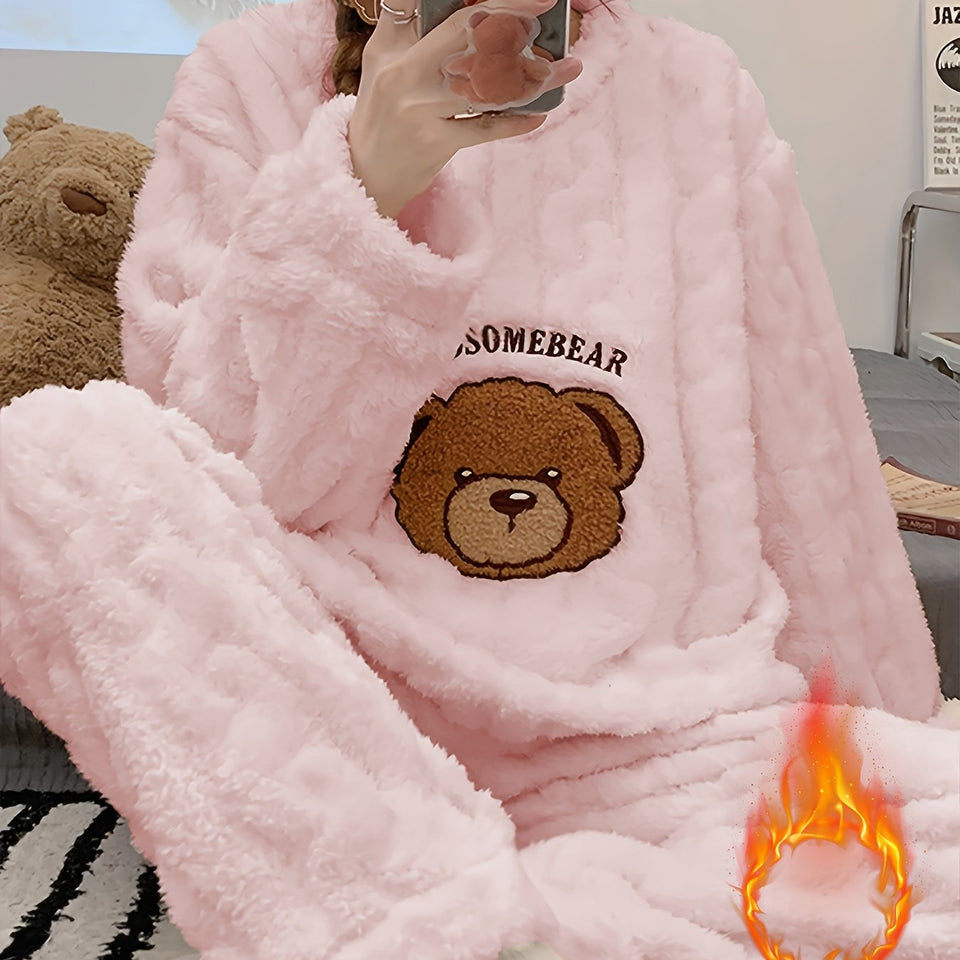 Nuovo pigiama caldo e spesso autunno/inverno, top a maniche lunghe in jacquard con motivo a orso e pantaloni in flanella