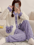 Women'S Cozy Fleece Pajama Set with Bear Embroidery - Long Sleeve, Loose Fit, V-Neck, Button-Up Front, Pockets, Soft & Warm for Fall/Winter, Casual Home Wear, Winter Pajamas | Relaxed Fit Pajamas | Construction, Pajamas for W