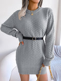 Women's Solid Color Plaid Long Sleeve Knitted Slip Dress
