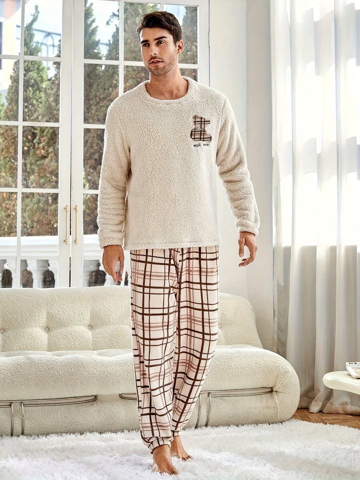 [UOMO/DONNA] Completo da notte in peluche autunno-inverno per coppie, con motivo a quadri, manica lunga e pantaloni, per uomo o donna, con ricamo casuale di un orso sulla parte superiore