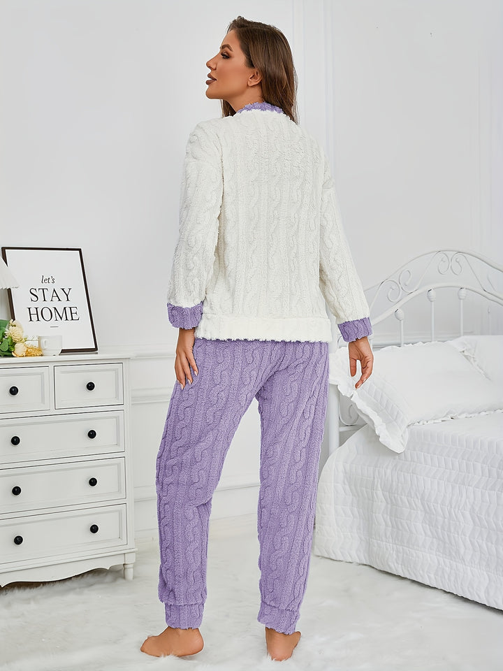 1 set da donna con grazioso orsacchiotto e cartone animato ricamato in pile, top girocollo a maniche lunghe in poliestere e pantaloni lunghi, comodo pigiama invernale dalla vestibilità ampia