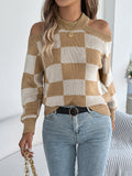 Women's Off-Shoulder Color-Blocked Plaid Lantern Sleeve Sweater