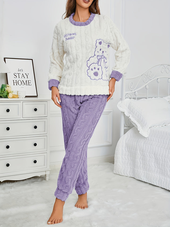 1 set da donna con grazioso orsacchiotto e cartone animato ricamato in pile, top girocollo a maniche lunghe in poliestere e pantaloni lunghi, comodo pigiama invernale dalla vestibilità ampia