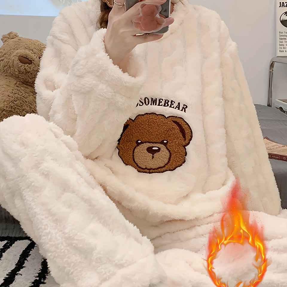 Nuovo pigiama caldo e spesso autunno/inverno, top a maniche lunghe in jacquard con motivo a orso e pantaloni in flanella