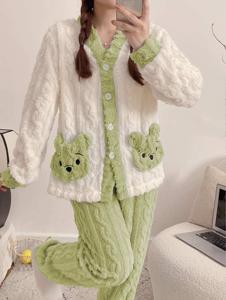Women'S Cozy Fleece Pajama Set with Bear Embroidery - Long Sleeve, Loose Fit, V-Neck, Button-Up Front, Pockets, Soft & Warm for Fall/Winter, Casual Home Wear, Winter Pajamas | Relaxed Fit Pajamas | Construction, Pajamas for W